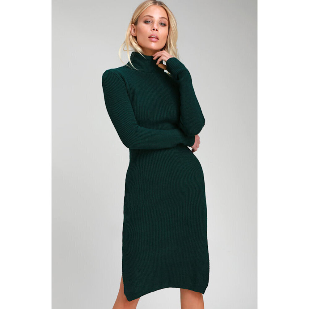 Lulus Sheerah Forest Green Turtleneck Midi Sweater Dress - Size Large